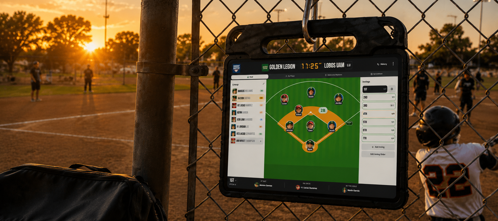 Coach using Dugout Master on a tablet hung on the dugout fence during a baseball game at sunset